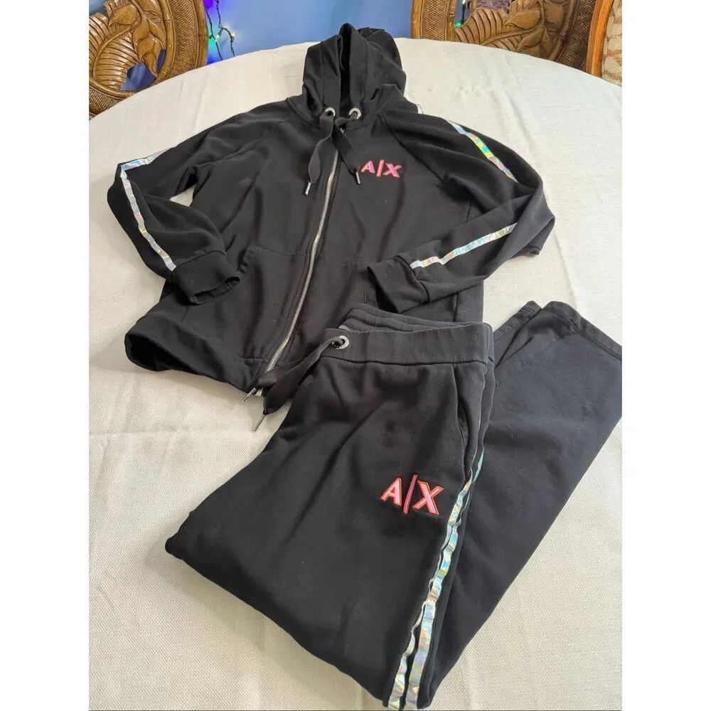 Armani Exchange A|X Black Hooded Tracksuit Set Hoodie Joggers Women’s Large